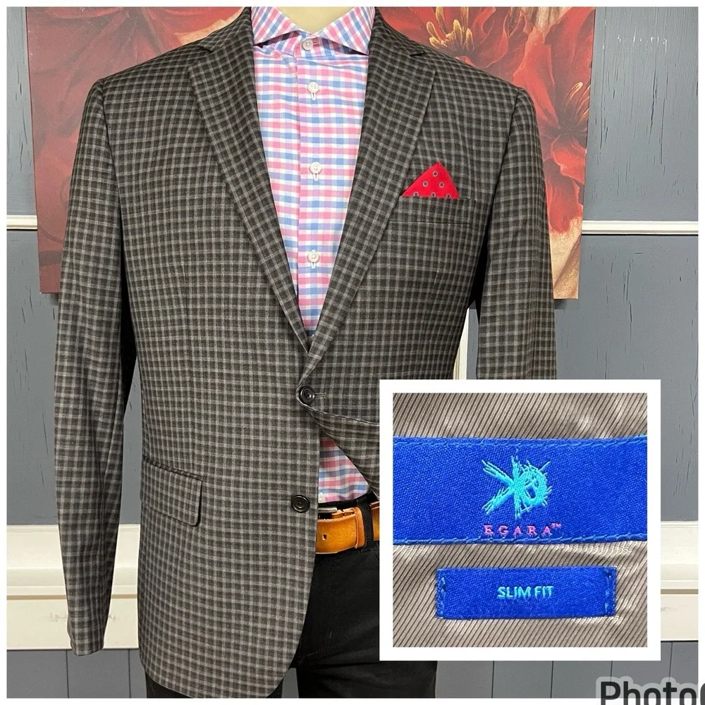 Egara Blazer Jacket Sport Coat Mens 44R Slim Fit Wool Brown/Gray Gingham